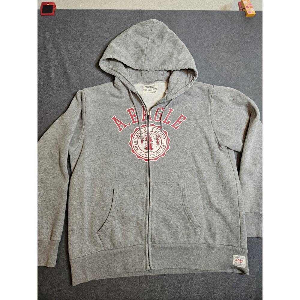 American Eagle Sweater Mens Large Gray Fleece Casual Outdoors Hoodie Full Zip